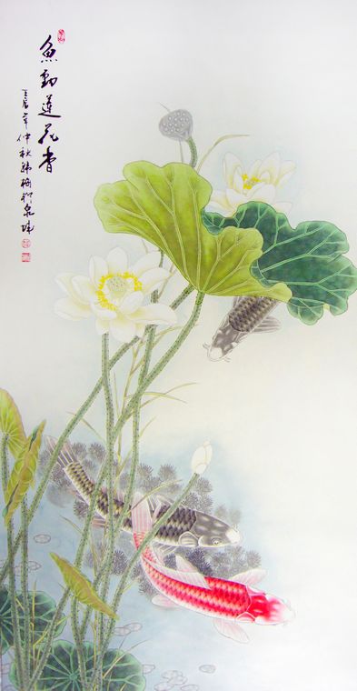 工笔画荷花鱼